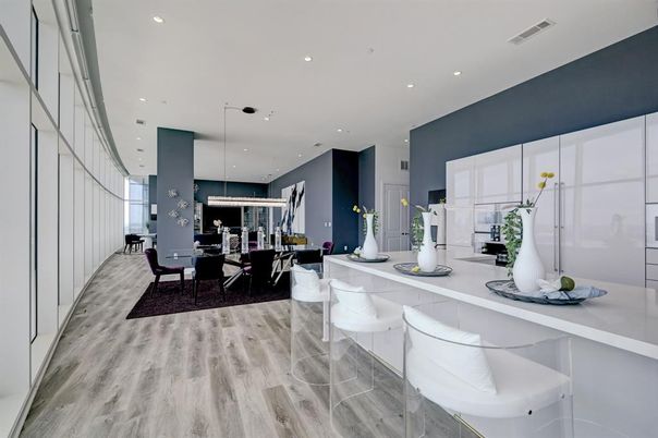 Dining room, Interior, Pendant Lights, Recessed Lighting, Wood Texture Flooring