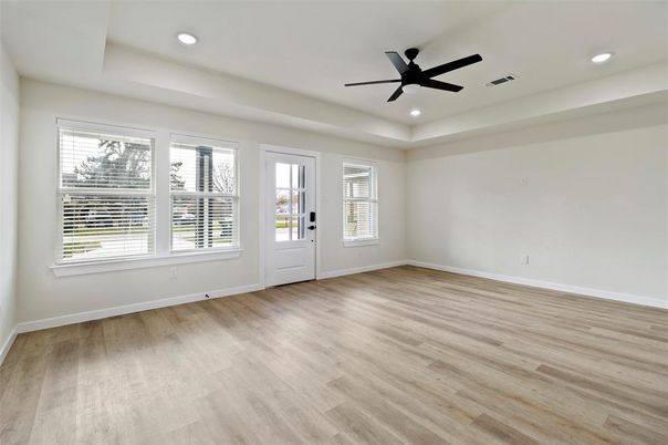 Empty room, Interior, Recessed Lighting, Wood Texture Flooring
