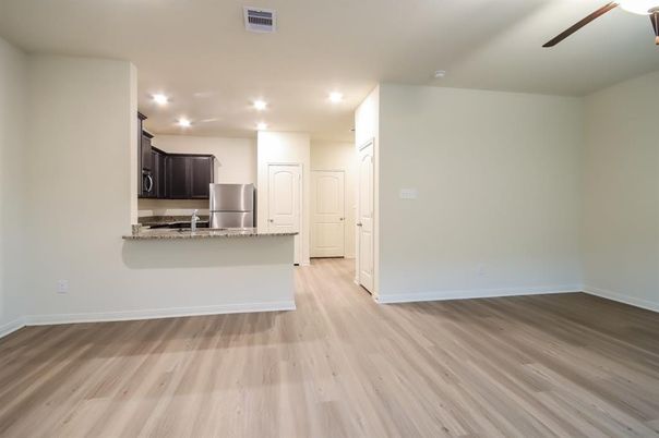Empty room, Interior, Kitchen, Recessed Lighting, Wood Texture Flooring