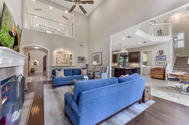 Chandelier, Dining room, Fireplace, Interior, Kitchen, Living room, Recessed Lighting, Wood Texture Flooring