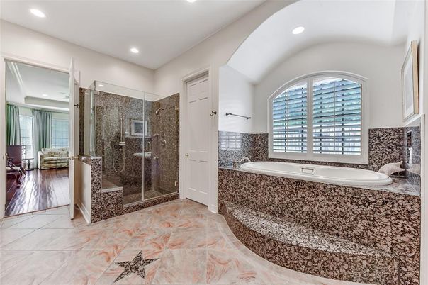 Bathroom, Glass Shower, Interior, Recessed Lighting, Wood Texture Flooring