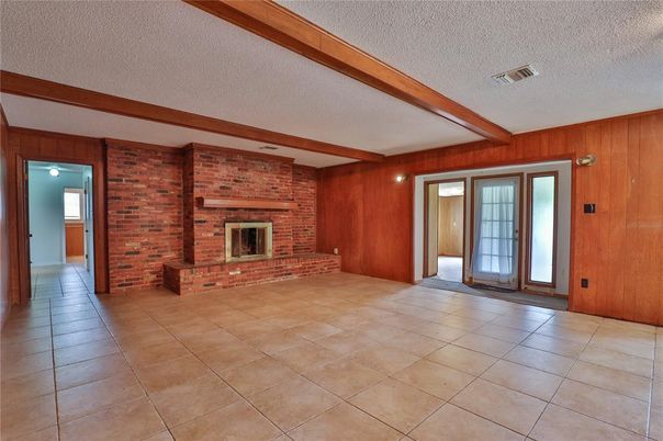 Empty room, Fireplace, Interior, Stone Walls, Wooden Beams, Wooden Walls