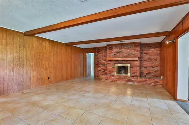 Empty room, Fireplace, Interior, Stone Walls, Wooden Beams, Wooden Walls