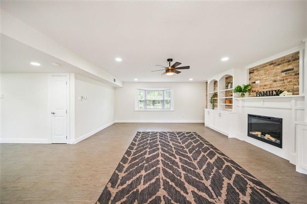 Empty room, Fireplace, Interior, Recessed Lighting, Stone Walls