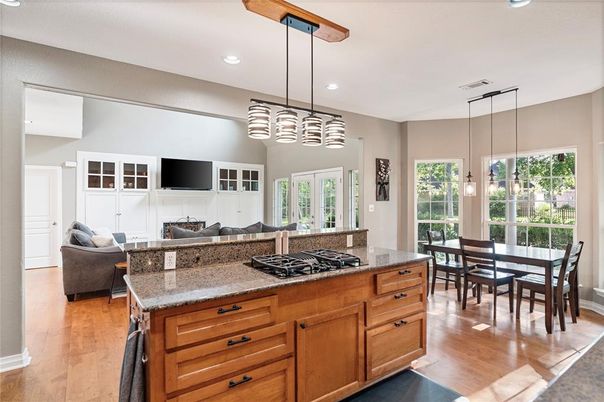 Dining room, Interior, Kitchen, Living room, Pendant Lights, Recessed Lighting, Wood Texture Flooring