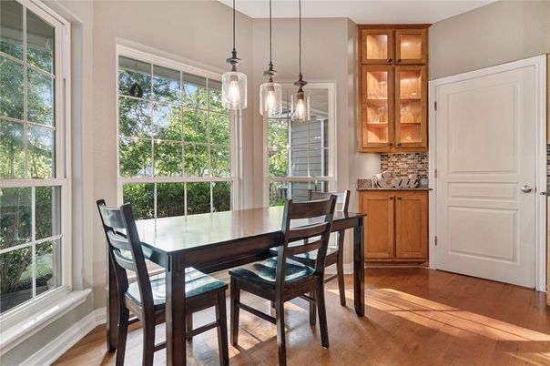 Dining room, Interior, Pendant Lights, Wood Texture Flooring