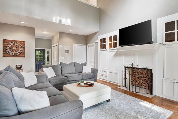 Fireplace, Interior, Living room, Recessed Lighting, Wood Texture Flooring