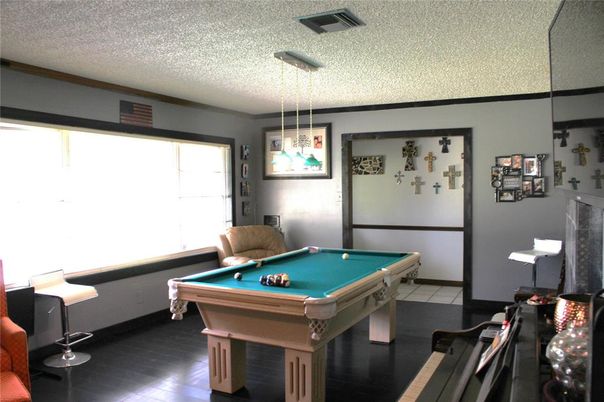 Billiard Table, Game Room, Interior, Pendant Lights, Wood Texture Flooring