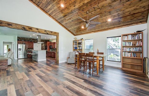 Dining room, Interior, Kitchen, Recessed Lighting, Wooden Ceilings, Wood Texture Flooring