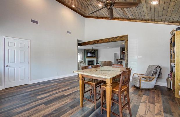 Dining room, Interior, Recessed Lighting, Wooden Beams, Wooden Ceilings, Wood Texture Flooring