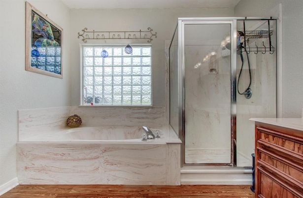 Bathroom, Glass Shower, Interior, Marble Walls, Wood Texture Flooring