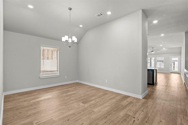 Chandelier, Empty room, Interior, Recessed Lighting, Wood Texture Flooring