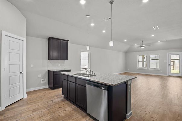 Interior, Kitchen, Pendant Lights, Recessed Lighting, Wood Texture Flooring