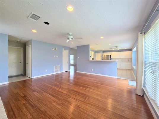 Empty room, Interior, Kitchen, Recessed Lighting, Wood Texture Flooring