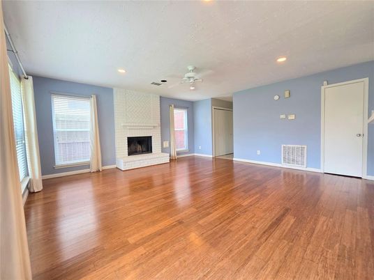 Empty room, Fireplace, Interior, Recessed Lighting, Wood Texture Flooring