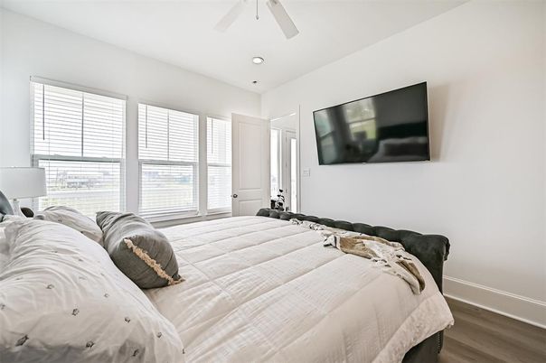 Bedroom, Interior, Recessed Lighting, Wood Texture Flooring