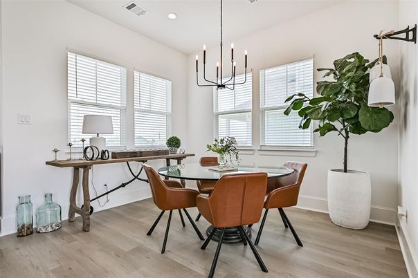 Dining room, Interior, Pendant Lights, Recessed Lighting, Wood Texture Flooring
