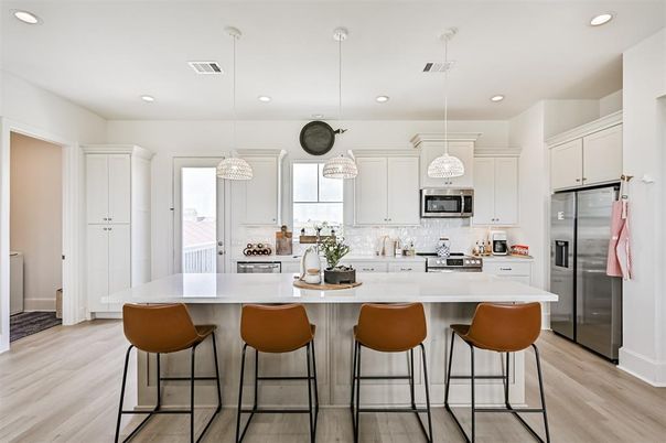 Interior, Kitchen, Pendant Lights, Recessed Lighting, Stainless Steel Appliances, Wood Texture Flooring