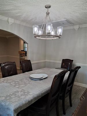 Dining room, Interior, Pendant Lights, Wood Texture Flooring