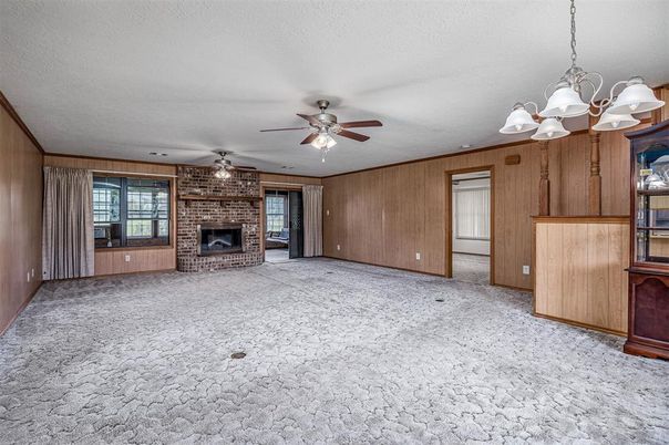 Chandelier, Empty room, Fireplace, Interior, Stone Walls, Wooden Walls