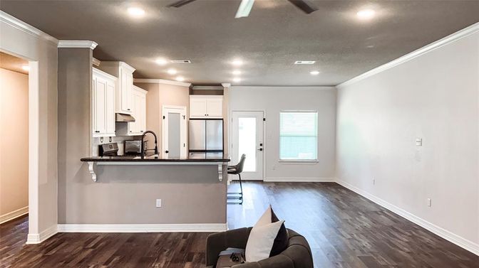 Interior, Kitchen, Recessed Lighting, Wood Texture Flooring
