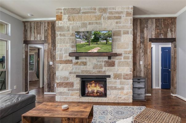Fireplace, Interior, Living room, Stone Walls, Wood Texture Flooring