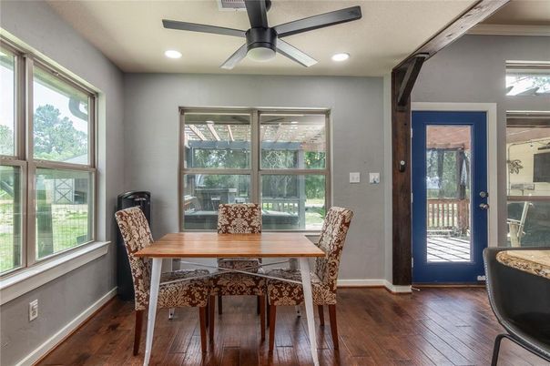 Dining room, Interior, Recessed Lighting, Wood Texture Flooring