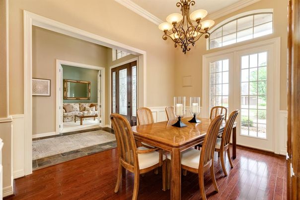 Chandelier, Dining room, Interior, Wood Texture Flooring