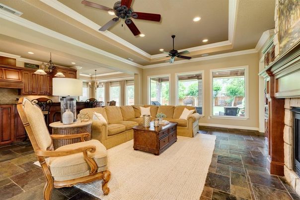 Chandelier, Dining room, Fireplace, Interior, Kitchen, Living room, Pendant Lights, Recessed Lighting