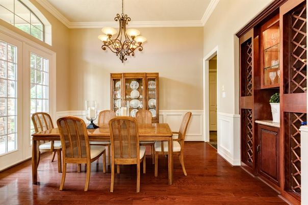 Chandelier, Dining room, Interior, Wood Texture Flooring