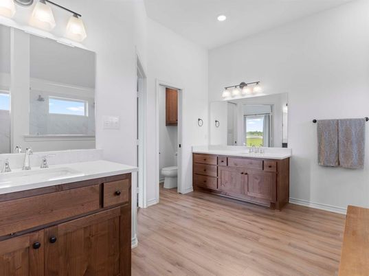 Bathroom, Dual Sink Vanities, Interior, Recessed Lighting, Wood Texture Flooring