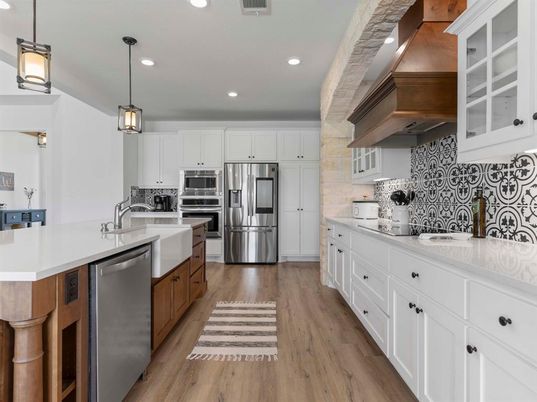 Interior, Kitchen, Pendant Lights, Recessed Lighting, Stainless Steel Appliances, Wood Texture Flooring