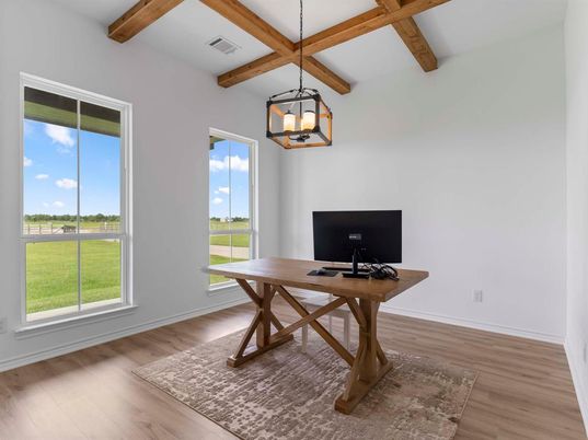 Home Office, Interior, Pendant Lights, Wooden Beams, Wood Texture Flooring