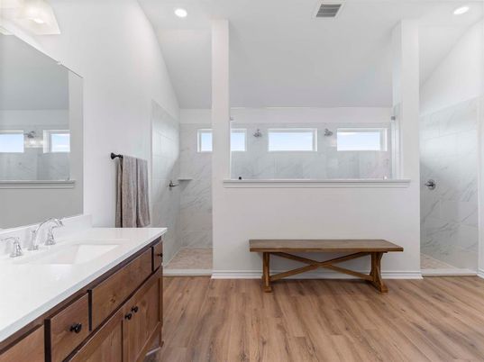 Bathroom, Interior, Marble Walls, Recessed Lighting, Wood Texture Flooring