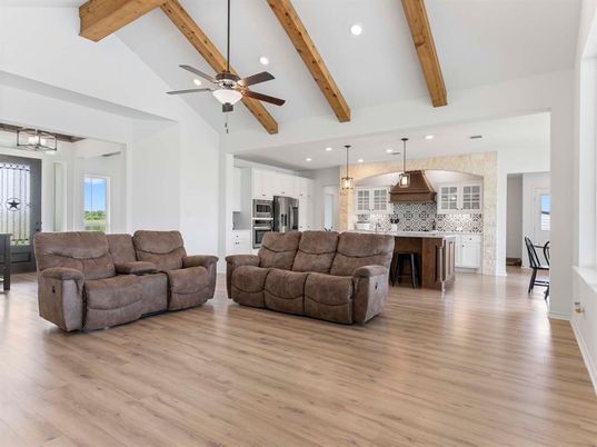 Interior, Kitchen, Living room, Pendant Lights, Recessed Lighting, Stainless Steel Appliances, Wooden Beams, Wood Texture Flooring