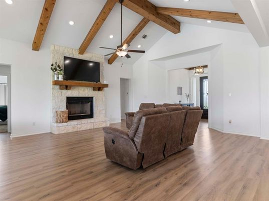 Fireplace, Interior, Living room, Recessed Lighting, Wooden Beams, Wood Texture Flooring