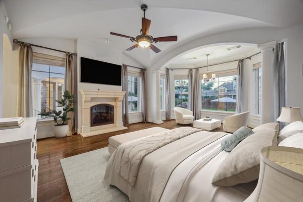 Bedroom, Fireplace, Interior, Pendant Lights, Wood Texture Flooring