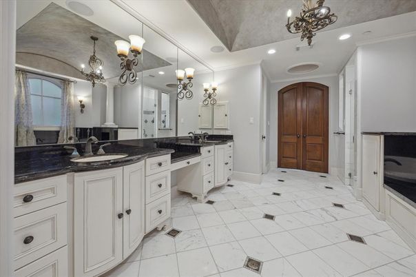 Bathroom, Chandelier, Dual Sink Vanities, Interior, Marble, Recessed Lighting