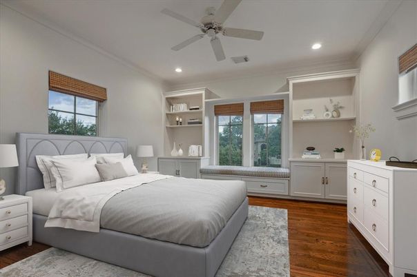 Bedroom, Interior, Recessed Lighting, Wood Texture Flooring