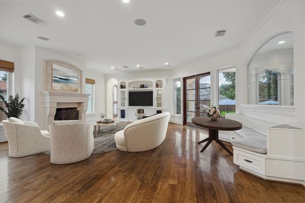 Fireplace, Interior, Living room, Recessed Lighting, Wood Texture Flooring