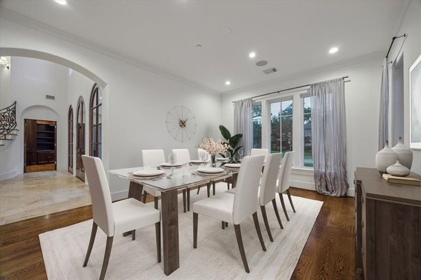 Dining room, Interior, Recessed Lighting, Wood Texture Flooring