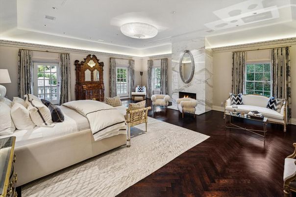 Bedroom, Fireplace, Interior, Living room, Marble Walls, Recessed Lighting, Wood Texture Flooring