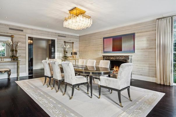 Chandelier, Dining room, Fireplace, Interior, Recessed Lighting, Wood Texture Flooring, Wooden Walls