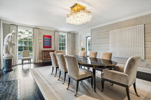 Chandelier, Dining room, Interior, Recessed Lighting, Wood Texture Flooring, Wooden Walls
