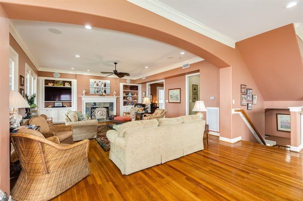 Fireplace, Interior, Living room, Recessed Lighting, Wood Texture Flooring