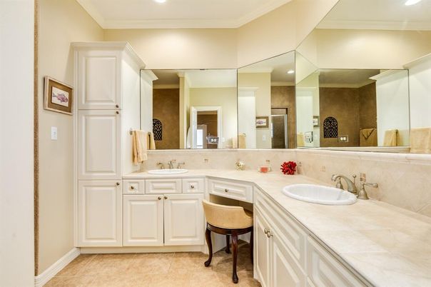 Bathroom, Dual Sink Vanities, Interior, Recessed Lighting, Tile Countertops