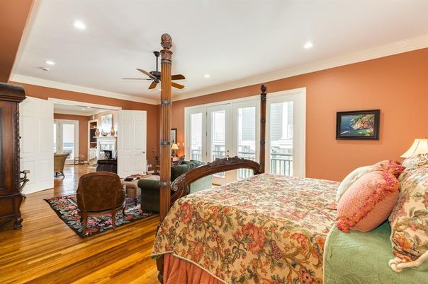 Bedroom, Fireplace, Interior, Recessed Lighting, Wood Texture Flooring