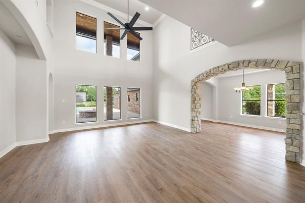 Chandelier, Empty room, Interior, Recessed Lighting, Wood Texture Flooring