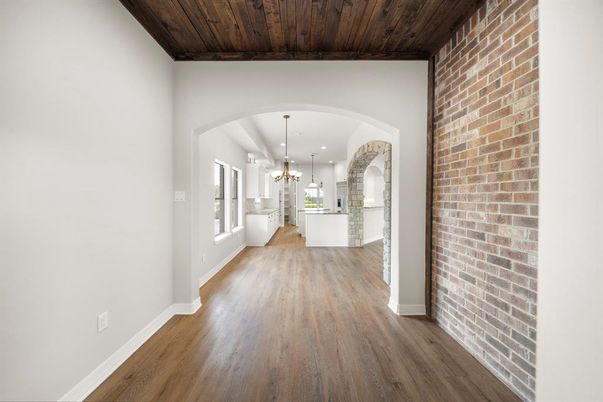 Interior, Kitchen, Pendant Lights, Recessed Lighting, Stone Walls, Wooden Ceilings, Wood Texture Flooring