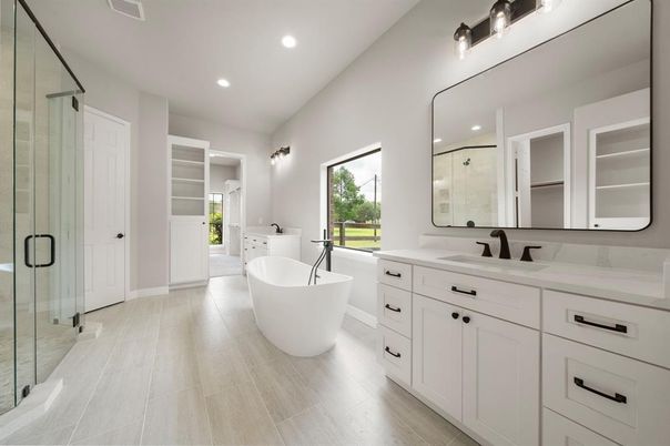 Bathroom, Dual Sink Vanities, Free Standing Baths, Glass Shower, Interior, Recessed Lighting